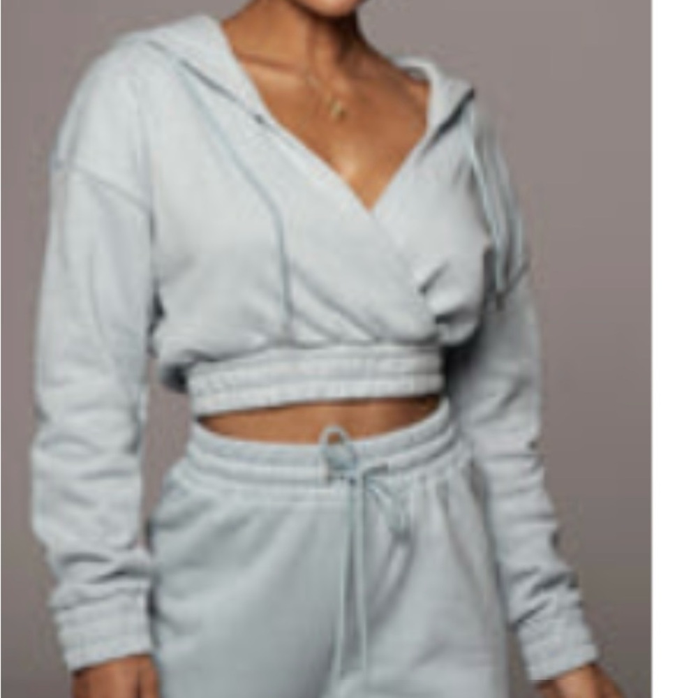 Sky Blue Fleece Cropped V-Neck Hoodie